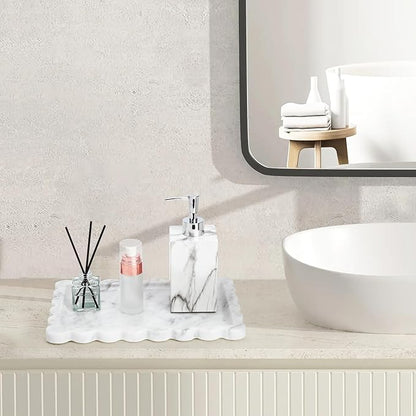 Real Natural Scalloped Marble Tray for Bathroom, Vanity, Kitchen and Desktop, Decorative Stone Tray for Jewelry, Cosmetics, Candles, Lotion, Perfume and Home Decor (12" L x 8" W)