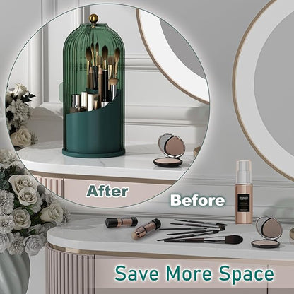 GAXmi Makeup Brush Holder with Lid Cosmetic Tools Organizer 360 Rotating Waterproof Dustproof Beauty Brushes Storage for Vanity, All Green | with Lid, 360 Rotating, Waterproof, Dustproof, for Vanity