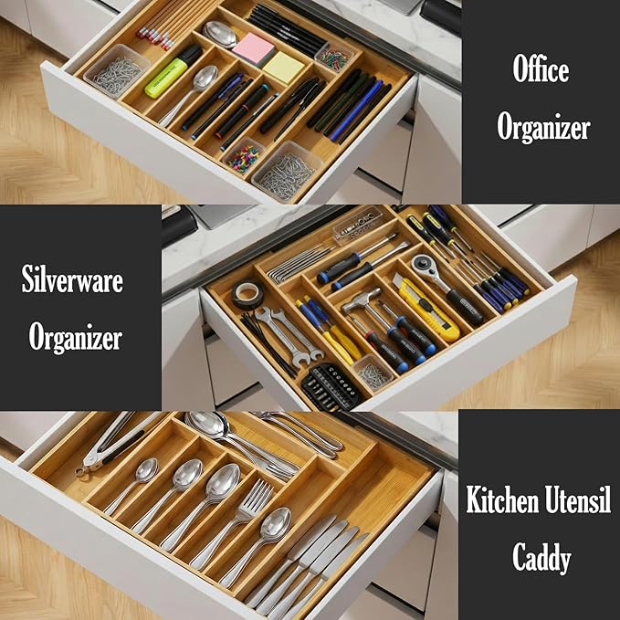 9-Slots Bamboo Drawer Organizers for Kitchen, Expandable Silverware Drawer Organizer, Multipurpose Utensil Organizer for Kitchen Drawers, Large Cutlery Drawer Organizer for Spoons, Forks & Knives