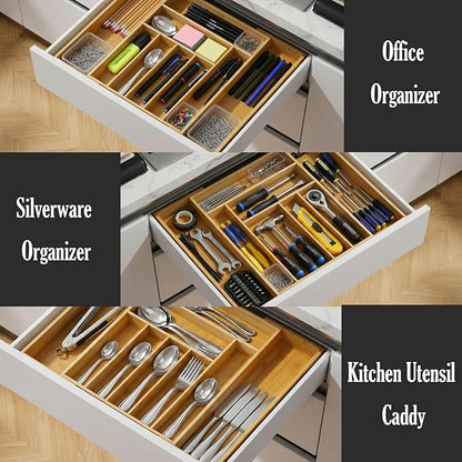 9-Slots Bamboo Drawer Organizers for Kitchen, Expandable Silverware Drawer Organizer, Multipurpose Utensil Organizer for Kitchen Drawers, Large Cutlery Drawer Organizer for Spoons, Forks & Knives