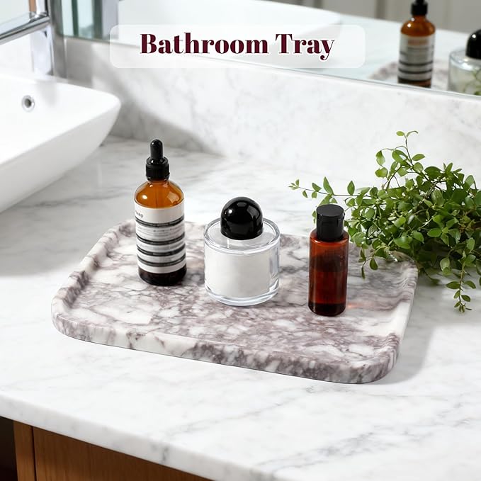 Karibiber Luxury Marble Vanity Tray, Bathroom Tray Countertop, Calacatta Marble/Stone, Home Decorative Dresser Organizer, Storage for Kitchen Sink, Perfume Jewelry Holder(Purple&White)