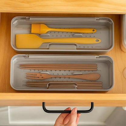 Silverware Organizer with Lid and Drainer - Plastic Kitchen Drawer Organizer for Forks Spoons Knives, Stackable Utensil Storage Container, Space-Saving Cutlery Tray (10.6 x 4.7 x 2.8 inch) (3)