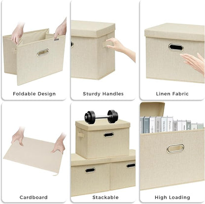 SNWDN 4 Pack Large collapsible Fabric Storage Bins with Lids Fabric storage box with lids for closet organizers and storage (Beige 17.3x11.4x11.8 inches)