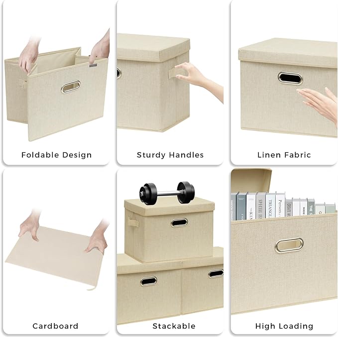 SNWDN 4 Pack Collapsible Fabric Storage Bins with Lids Fabric storage box with lids for closet organizers and storage (Beige 14.6x10.6x10.2 inches)