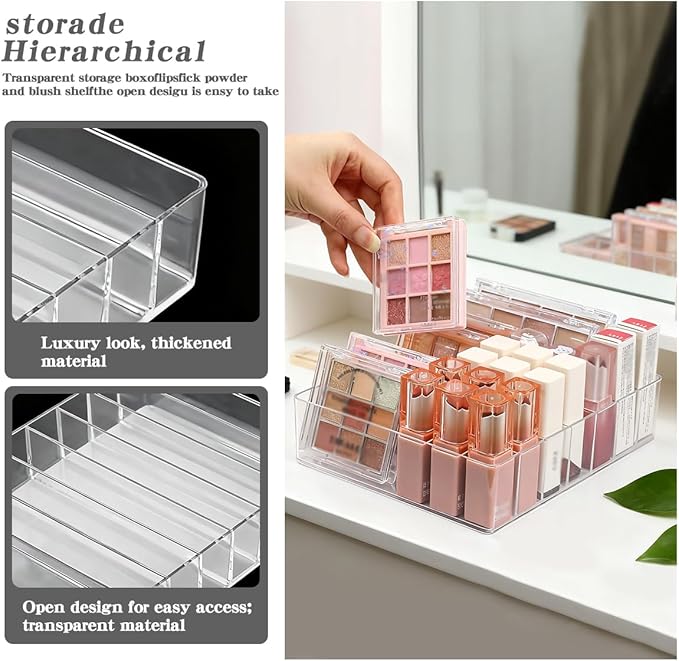 2 Pack Makeup Organizer for Eyeshadow Palette and Lipstick Organizer, 7 Section Divided Makeup Palette Organizer for Lipstick Highlighter, Skincare Cosmetic Display Cases for Bathroom