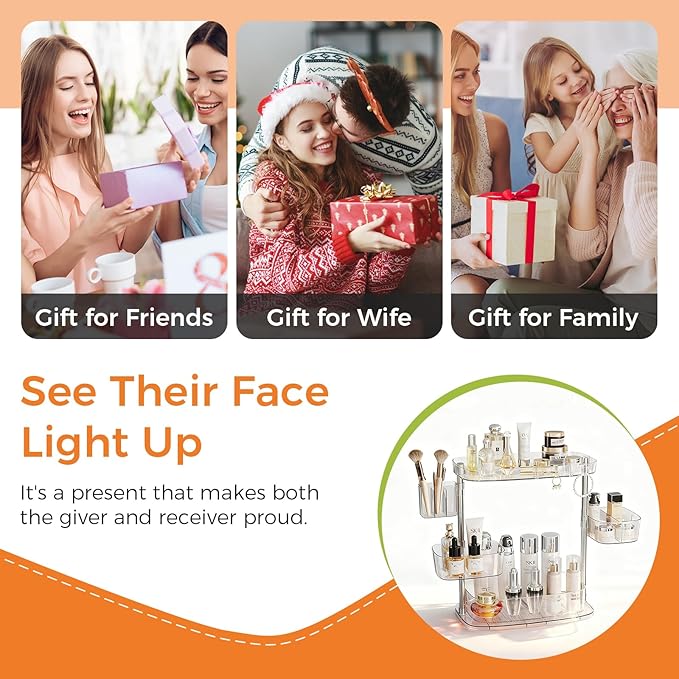 Rotating Makeup Vanity Organizer, Bathroom Countertop Cosmetic Skin Care Storage,Cosmetic Display Case with Brush Holder,for Skincare Perfume Cosmetics,Detachable Hanging Trays & Hooks