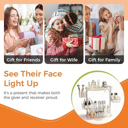 Rotating Makeup Vanity Organizer, Bathroom Countertop Cosmetic Skin Care Storage,Cosmetic Display Case with Brush Holder,for Skincare Perfume Cosmetics,Detachable Hanging Trays & Hooks
