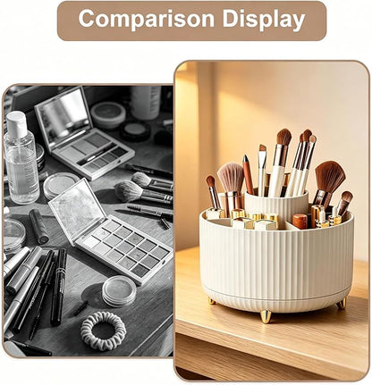 360°Rotating Makeup Brush Holder Organizer, Beige Countertop Cosmetic Display Case, Spinning Skincare Storage Carousel for Vanity, Desktop & Bathroom
