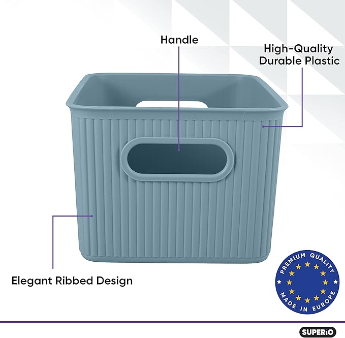 Decorative Plastic Basket Lidded Home Storage Bins Organizer Baskets, Medium Blue (1 Pack - 5 Liter) Stackable Container Box, for Organizing Closet Storage Bins for Shelves - Ribbed Collection