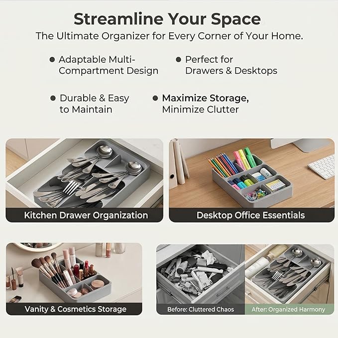 6 Slots Silverware Cutlery Drawer Organizer,Small Kitchen Utensil Tray for Flatware, Cutlery, Spoon and Knives Compact Storage Organization Keep Kitchen, Camper Drawer Neat & Organized