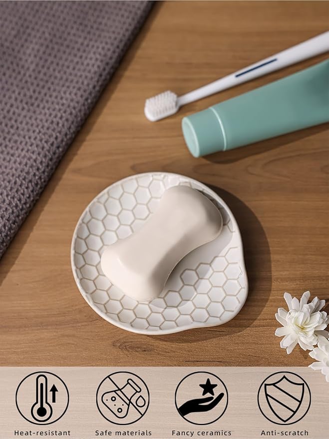 Ceramic Soap Dish, Set of 2 Bar Soap Holder, Shower Soap Dish Soap Saver Tray for Bathroom Kitchen Sink, Stylish and Easy to Clean (Vintage White)