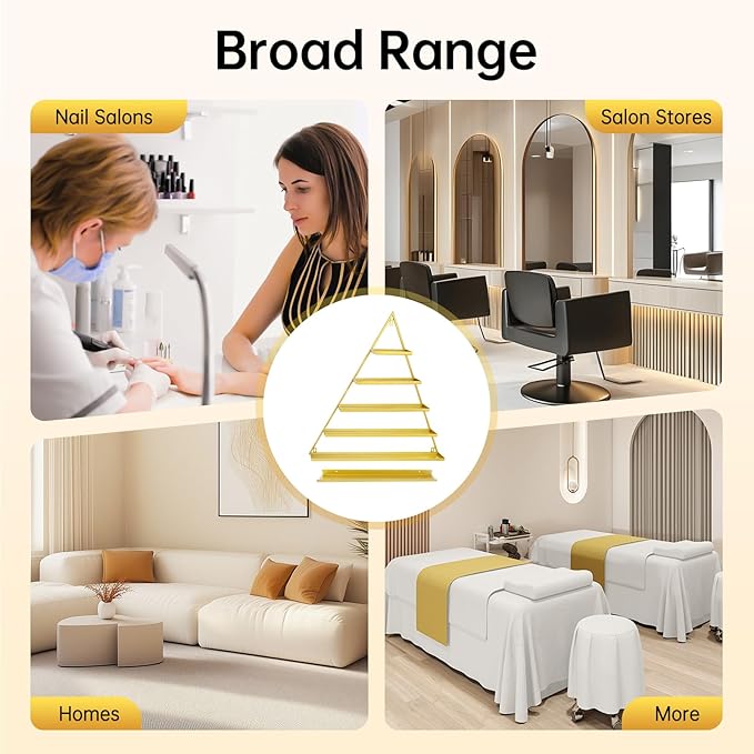 Elegant Gold Wall Mounted Nail Polish Rack - Set of 6 Triangular Cosmetic Display Shelves for Essential Oil Bottles, Organize Your Lipsticks and Perfumes in Style at Home or Salon (Gold)