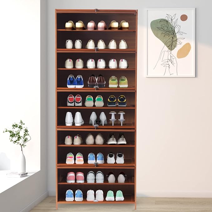 10 Tiers Shoe Storage Cabinet with Doors Tall Bamboo Hidden Shoe Storage Freestanding Shoes Heels Sneakers Shelf Rack 30 Pairs of Shoes Organizer Book Shelf for Entryway Hallway Living Room Bedroom