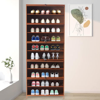 10 Tiers Shoe Storage Cabinet with Doors Tall Bamboo Hidden Shoe Storage Freestanding Shoes Heels Sneakers Shelf Rack 30 Pairs of Shoes Organizer Book Shelf for Entryway Hallway Living Room Bedroom