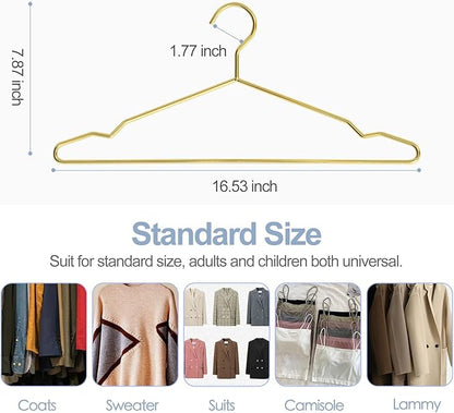 SPECILITE Metal Wire Clothes Hangers Bulk 100 Pack with Notches for Standard Size Coats, Shirts, Suits, Pants, Heavy Duty, Space-Saving, Gold