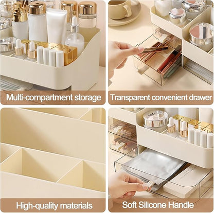 DASITON Makeup Organizer with 3 Drawers,Skincare and Cosmetics Organizer Countertop,Makeup Organizers and Storage with Brush Holder,Large Cosmetic Display Case for Vanity,Desk,Bathroom,Bedroom(Cream)