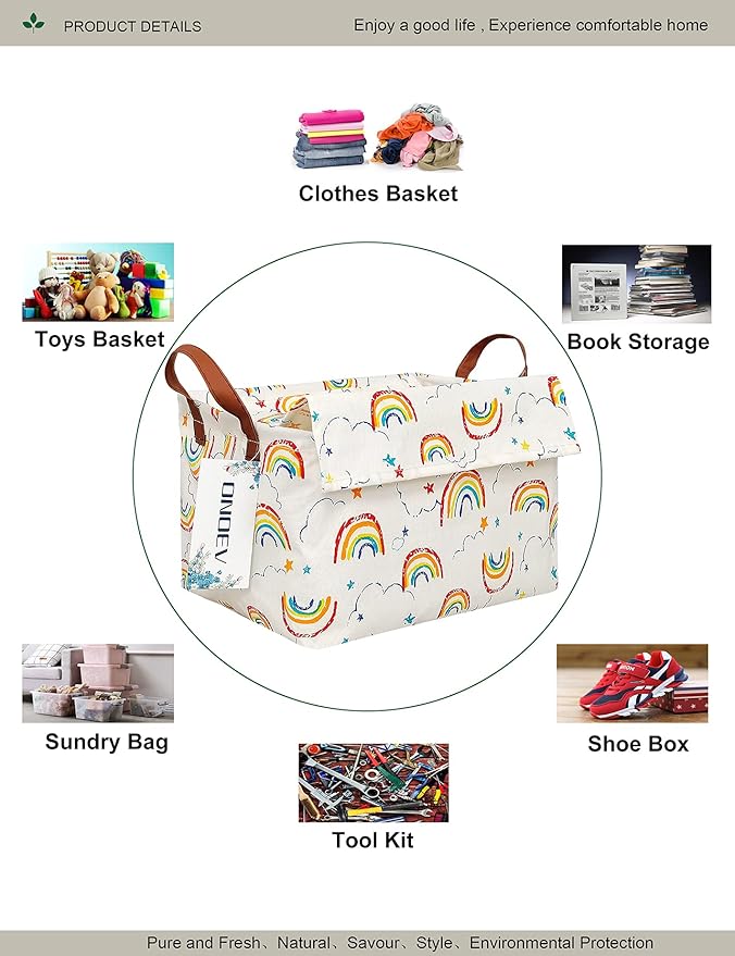 Rectangular Rainbow Storage Basket for Kids,Collapsible Fabric Toy Storage Bin with lid,Cute Cloud Star Pattern Organizer for Children's Room,Nursery,Playroom,Closet (Rainbow with lid)