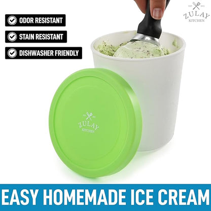 Zulay [2 Pack - 1 Quart Each] Large Ice Cream Containers For Homemade Ice Cream - Reusable Ice Cream Container Set with Lids - Ice Cream Pint Containers For Sorbet, Gelato, Frozen Yogurt (Green)