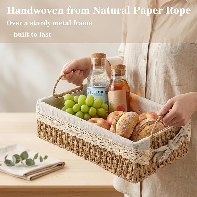Wicker Storage Baskets with Handle and Liner, Set of 2 Small Paper Rope Woven Shelf Baskets for Organizing, Rectangular Boho Decorative Baskets for Gifts, Pantry, Table, Living Room, Kitchen