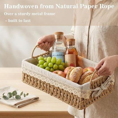 Wicker Storage Baskets with Handle and Liner, Set of 2 Small Paper Rope Woven Shelf Baskets for Organizing, Rectangular Boho Decorative Baskets for Gifts, Pantry, Table, Living Room, Kitchen