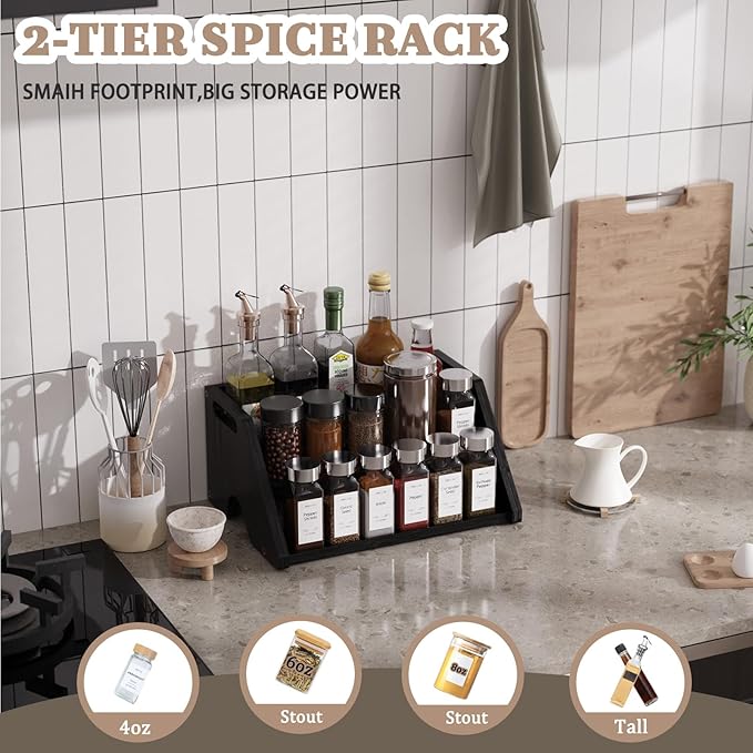 Bamboo Spice Rack Organizer -3-Tier Spice Rack for Countertop,Cabinet Spice Rack Organizer for 18 Spice Jars(4oz)，Step Shelf(black)