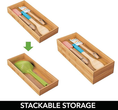 mDesign Wooden Bamboo Drawer Organizer - 15" Long Stackable Storage Box Tray for Kitchen Drawers/Cabinet - Utensil, Silverware, Spatula, and Flatware Holder - Echo Collection - 4 Pack, Natural Wood