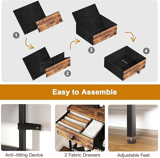 Shoe Rack, 5 Tier Shoe Organizer with 2 Drawers, Metal Shoe Storage for 16-20 Pairs of Shoes with Fabric Shelves and Wooden Top, Narrow Shoe Shelf for Closet Entryway Rustic Brown
