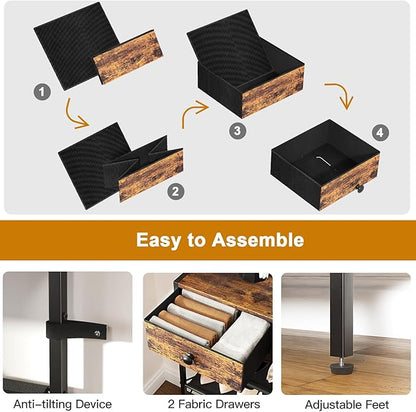 Shoe Rack, 5 Tier Shoe Organizer with 2 Drawers, Metal Shoe Storage for 16-20 Pairs of Shoes with Fabric Shelves and Wooden Top, Narrow Shoe Shelf for Closet Entryway Rustic Brown