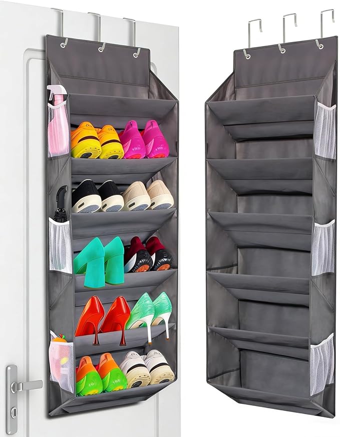 Over the Door Shoe Rack Organizer – Hanging Storage for 12 Pairs of Shoes, 6 Mesh Pockets + 6 Deep Large Pockets, 50lbs Capacity, for Closet, Bedroom, Dorm, Narrow Door (1 Pack)