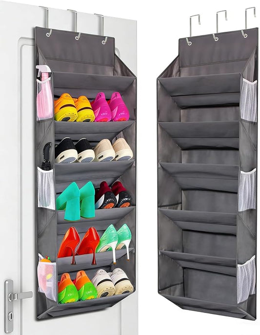 Over the Door Shoe Rack Organizer – Hanging Storage for 12 Pairs of Shoes, 6 Mesh Pockets + 6 Deep Large Pockets, 50lbs Capacity, for Closet, Bedroom, Dorm, Narrow Door (1 Pack)
