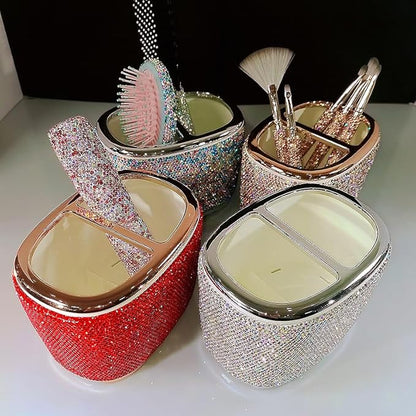 Luxury Bling Rhinestone-Embellished Makeup Organizer Box Storage – Large Capacity Cosmetic Brush Lipstick Eyebrow Pencil Storage Box and Desktop Organizer Rack (Red)