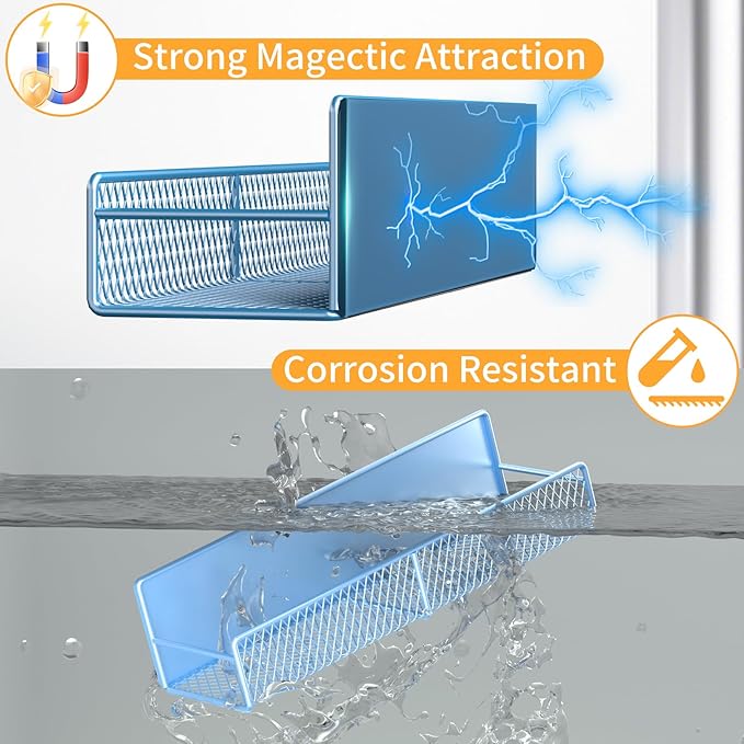 Magnetic Spice Rack for Refrigerator, 2 Pack Metal Magnetic Shelf Blue, Moveable Spice Organizer with Hooks, Super Magnetic Fridge Shelf for Kitchen Organization and Storage