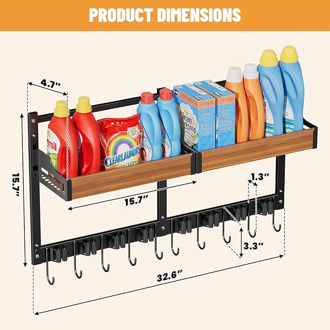 Broom and Mop Organizer Wall Hanging, Broom Holder Wall Mount with Cleaning Supplies Organizer, Broom Hanger Wall Mount with Storage Shelf and Hooks for Laundry Room Garage Kitchen (2 pcs)
