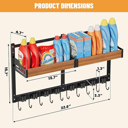 Broom and Mop Organizer Wall Hanging, Broom Holder Wall Mount with Cleaning Supplies Organizer, Broom Hanger Wall Mount with Storage Shelf and Hooks for Laundry Room Garage Kitchen (2 pcs)