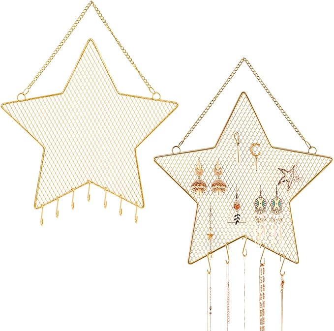 Rolin Roly Earring Wall Holder Mounted Jewelry Rack Hanging Earring Organizer with 7 Hooks Star Shaped for Display Grid Golden Bracelet Necklace Ring