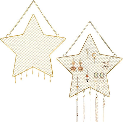 Rolin Roly Earring Wall Holder Mounted Jewelry Rack Hanging Earring Organizer with 7 Hooks Star Shaped for Display Grid Golden Bracelet Necklace Ring