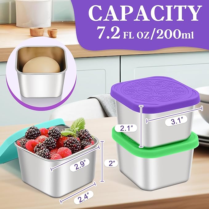 Qukaka Stainless Steel Snack Containers for Kids,7.2oz Easy Open Leak Proof Reusable Snack Box Container with Lids,Small Lunch Containers for Meal Prep,School,Picnic and Travel-3Pack