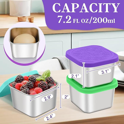 Qukaka Stainless Steel Snack Containers for Kids,7.2oz Easy Open Leak Proof Reusable Snack Box Container with Lids,Small Lunch Containers for Meal Prep,School,Picnic and Travel-3Pack