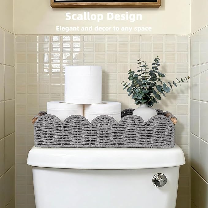 CubesLand Bathroom Basket Organizer w/Cut Out Handle, Back of Toilet Paper Storage Baskets for Bathroom Countertop Decorative, Small Scalloped Wicker Basket Also for Home Decor, Living Room, Grey