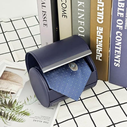 Leather Tie Case Box Organizer for Men's Necktie and Bow Tie Storage Travel Gift Box (long button, Blue, 4.3" x 3.3" x 3.3")