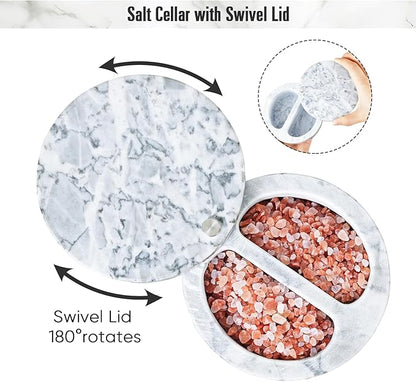 Salt Holder with Lid - Swivel Lid Marble Salt Cellar with Lid Two Compartments 6.3 Ounce Salt Containers for Countertop, White