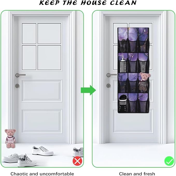 Violet Door Hanger Organizer Mesh Pockets Behind The Door Organizer for School Supplies Storage Marble Shoe Holder Hanger with Hook Design 12 Pockets Wall Hanging Storage