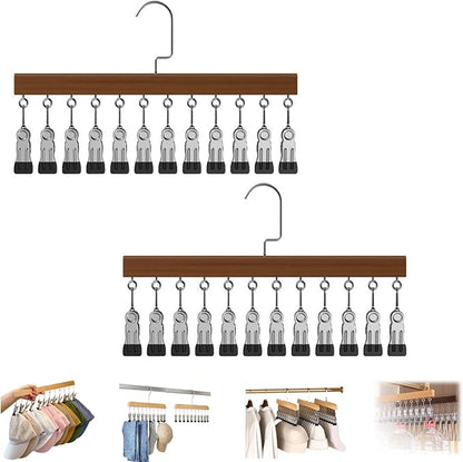 Closet Organizer with 10 Clips, Space Saving Hanging Closet Organizer, Legging Hanger for Closet Organizer with 10 Clip for Storing Jeans, Legging, Shorts (Vintage-12 Clips, 2PCS)