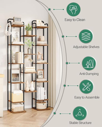 Hzuaneri 10 Tiers Vertical Shoe Rack, Narrow Shoe Tower, Tall Shoes Shelf with 2 Hooks, Adjustable Shelves, Corner Shoes Shelves for Small Spaces, Entryway, Living Room, Rustic Brown SR11201B