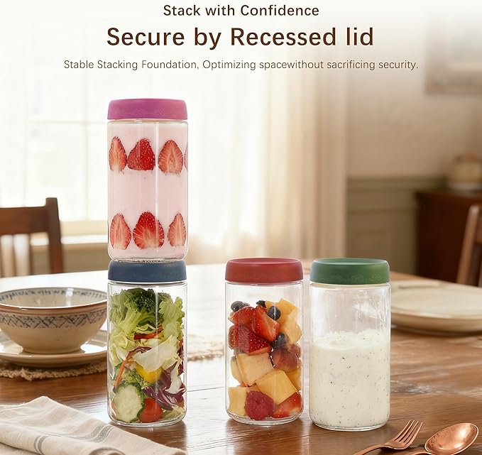 24 OZ Overnight Oats Jars with Lids 4 Pack, Glass Meal Prep Containers, Reusable Food Storage Jars, Airtight Mason Jars for Breakfast, Yogurt Parfait, Salad, Smoothies(4-1)
