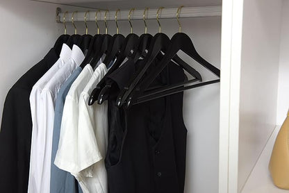 Quality Wooden Hangers - Slightly Curved Hanger 90 Pack Sets - Solid Wood Coat Hangers with Stylish Chrome Hooks - Heavy-Duty Clothes, Jacket, Shirt, Pants, Suit Hangers(Black - Gold Hook, 90)
