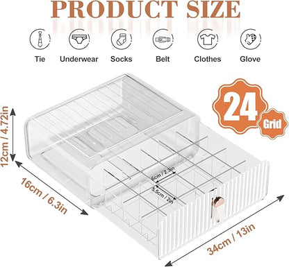 Sock Underwear Drawer Organizer - 24 Compartment Clear Acrylic Storage Bins with Removable Dividers for Closet, Stackable Dresser Drawer Box for No-Mess Socks, Tiers, Baby Clothes, Belt, Tea Bag