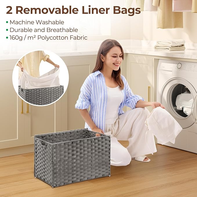 GREENSTELL Storage Basket with Lid, 17.2 Gallon(65L) Small Wicker Blanket Storage Basket with Handles, Foldable, 2 Removable Liner Bags, Metal Frame, for Bedroom, Laundry Room, Grey, 22.2"*13.4"*13.4"