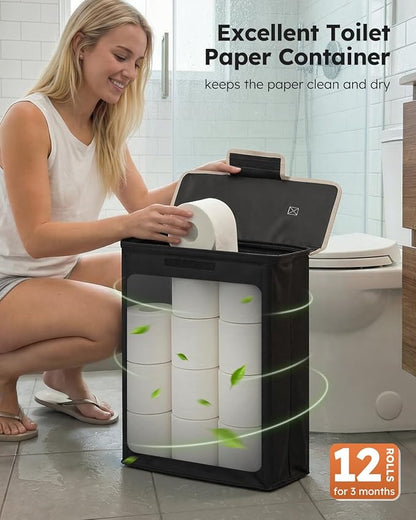 30" H Toilet Paper Holder Stand with Storage for Up to 12 Rolls,Rustproof Free Standing Toilet Paper Stand with Shelf,All-in-One Toilet Tissue Roll Dispenser and Organizer with a Basket,Black
