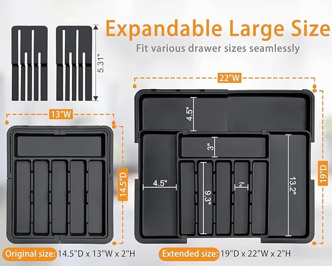 Silverware Organizer Expandable Utensil Drawer Organizer Adjustable Drawer Organizer, Flatware Cutlery Silverware Tray for Spoons Forks Knives Kitchen Organizers Storage (Black Plus)